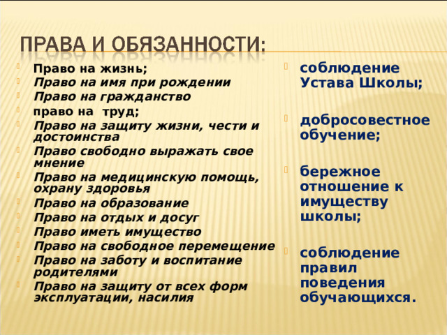 соблюдение Устава Школы;  добросовестное обучение;  бережное отношение к имуществу школы;  соблюдение правил поведения обучающихся. Право на жизнь; Право на имя при рождении Право на гражданство право на труд; Право на защиту жизни, чести и достоинства Право свободно выражать свое мнение Право на медицинскую помощь, охрану здоровья Право на образование Право на отдых и досуг Право иметь имущество Право на свободное перемещение Право на заботу и воспитание родителями Право на защиту от всех форм эксплуатации, насилия  