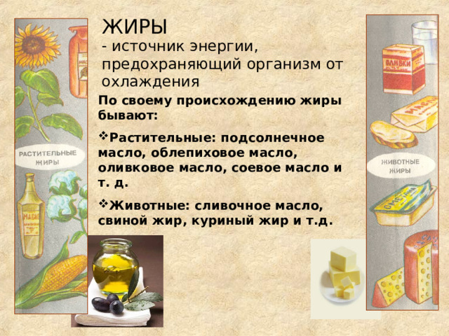 ЖИРЫ - источник энергии, предохраняющий организм от охлаждения По своему происхождению жиры бывают: Растительные: подсолнечное масло, облепиховое масло, оливковое масло, соевое масло и т. д. Животные: сливочное масло, свиной жир, куриный жир и т.д. 