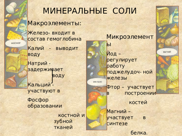 МИНЕРАЛЬНЫЕ СОЛИ Макроэлементы: Железо- входит в состав гемоглобина Калий - выводит воду Натрий - задерживает    воду Кальций - участвуют в Фосфор образовании  костной и  зубной  тканей Микроэлементы Йод – регулирует  работу  поджелудоч-  ной железы Фтор – участвует в  построении  костей Магний – участвует  в синтезе  белка.  