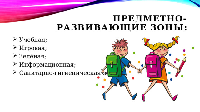 предметно-развивающие зоны:  Учебная;  Игровая;  Зелёная;  Информационная;  Санитарно-гигиеническая зона. 