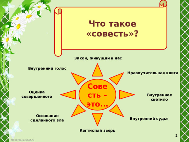 Что такое «совесть»?  Закон, живущий в нас Совесть – это... Внутренний голос Нравоучительная книга Оценка совершенного Внутреннее светило Осознание сделанного зла Внутренний судья Когтистый зверь  