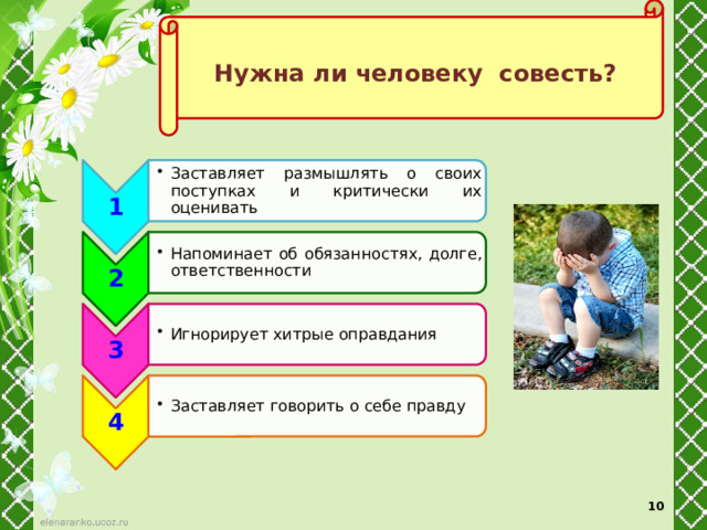  Нужна ли человеку совесть?  1 Заставляет размышлять о своих поступках и критически их оценивать Заставляет размышлять о своих поступках и критически их оценивать 2 Напоминает об обязанностях, долге, ответственности Напоминает об обязанностях, долге, ответственности 3 Игнорирует хитрые оправдания Игнорирует хитрые оправдания 4 Заставляет говорить о себе правду Заставляет говорить о себе правду 10 