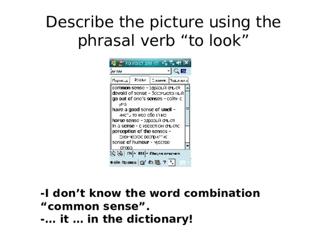 Describe the picture using the phrasal verb “to look” -I don’t know the word combination “common sense”. -… it … in the dictionary! 