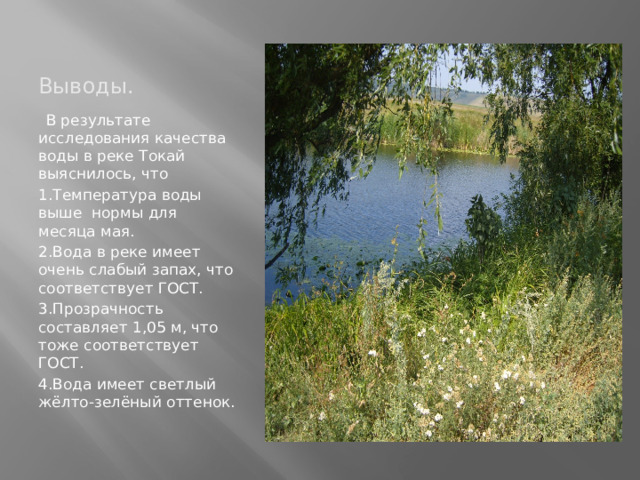 Выводы.  В результате исследования качества воды в реке Токай выяснилось, что 1.Температура воды выше нормы для месяца мая. 2.Вода в реке имеет очень слабый запах, что соответствует ГОСТ. 3.Прозрачность составляет 1,05 м, что тоже соответствует ГОСТ. 4.Вода имеет светлый жёлто-зелёный оттенок. 