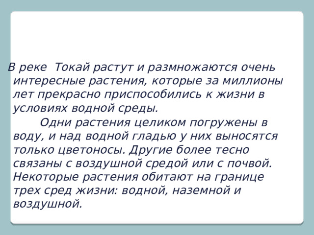     В реке Токай растут и размножаются очень интересные растения, которые за миллионы лет прекрасно приспособились к жизни в условиях водной среды.  Одни растения целиком погружены в воду, и над водной гладью у них выносятся только цветоносы. Другие более тесно связаны с воздушной средой или с почвой. Некоторые растения обитают на границе трех сред жизни: водной, наземной и воздушной. 