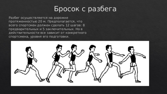 Бросок с разбега Разбег осуществляется на дорожке протяженностью 20 м. Предполагается, что всего спортсмен должен сделать 12 шагов: 8 предварительных и 5 заключительных. Но в действительности все зависит от конкретного спортсмена, уровня его подготовки. 