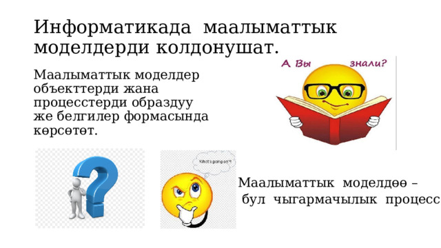 Информатикада маалыматтык моделдерди колдонушат. Маалыматтык моделдер объекттерди жана процесстерди образдуу же белгилер формасында көрсөтөт. Маалыматтык моделдөө –  бул чыгармачылык процесс. 