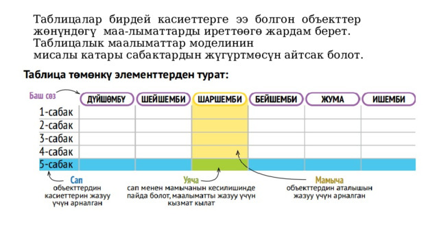 Таблицалар бирдей касиеттерге ээ болгон объекттер жөнүндөгү маа-лыматтарды иреттөөгө жардам берет. Таблицалык маалыматтар моделинин  мисалы катары сабактардын жүгүртмөсүн айтсак болот. 