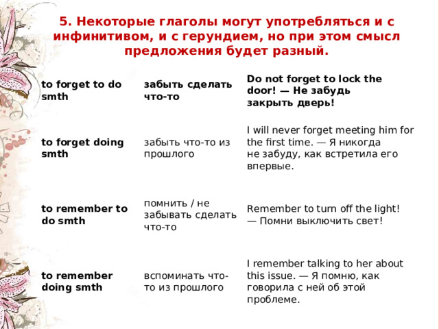    5. Некоторые глаголы могут употребляться и с инфинитивом, и с герундием, но при этом смысл предложения будет разный.   to forget to do smth забыть сделать что-то to forget doing smth Do not forget to lock the door! — Не   забудь закрыть   дверь ! забыть что-то из прошлого to remember to do smth I will never forget meeting him for the first time. — Я никогда не забуду, как встретила его впервые. помнить / не забывать сделать что-то to remember doing smth Remember to turn off the light! —  Помни выключить   свет ! вспоминать что-то из прошлого I remember talking to her about this issue. — Я помню, как говорила с ней об этой проблеме. 