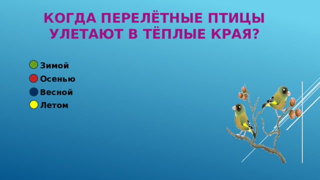 Когда перелётные птицы улетают в тёплые края? Зимой Осенью Весной Летом 