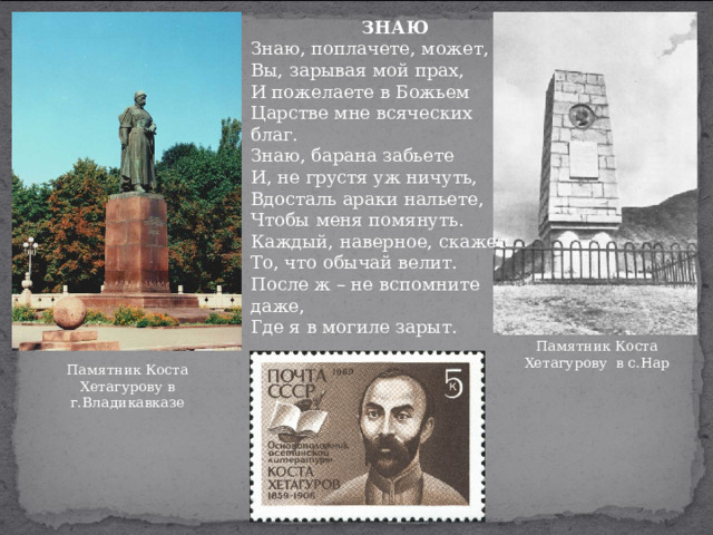  ЗНАЮ  Знаю, поплачете, может, Вы, зарывая мой прах, И пожелаете в Божьем Царстве мне всяческих благ. Знаю, барана забьете И, не грустя уж ничуть, Вдосталь араки нальете, Чтобы меня помянуть. Каждый, наверное, скажет То, что обычай велит. После ж – не вспомните даже, Где я в могиле зарыт. Памятник Коста Хетагурову в с.Нар Памятник Коста Хетагурову в г.Владикавказе 