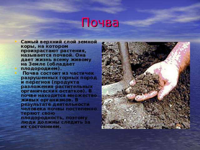 Почва Самый верхний слой земной коры, на котором произрастают растения, называется почвой. Она дает жизнь всему живому на Земле (обладает плодородием).  Почва состоит из частичек разрушенных горных пород и перегноя (продукта разложения растительных органических остатков). В почве находится множество живых организмов. В результате деятельности человека почвы постепенно теряют свою плодородность, поэтому люди должны следить за их состоянием.  