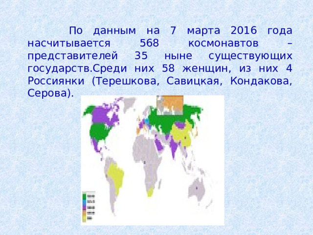  По данным на 7 марта 2016 года насчитывается 568 космонавтов – представителей 35 ныне существующих государств.Среди них 58 женщин, из них 4 Россиянки (Терешкова, Савицкая, Кондакова, Серова). 