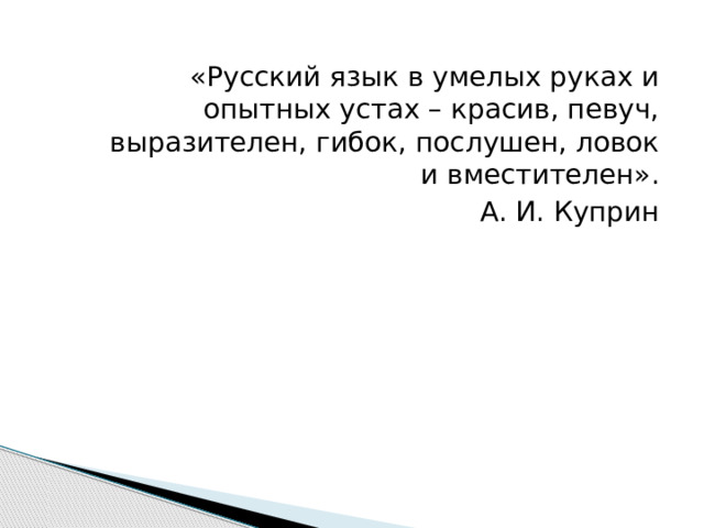 «Русский язык в умелых руках и опытных устах – красив, певуч, выразителен, гибок, послушен, ловок и вместителен». А. И. Куприн 