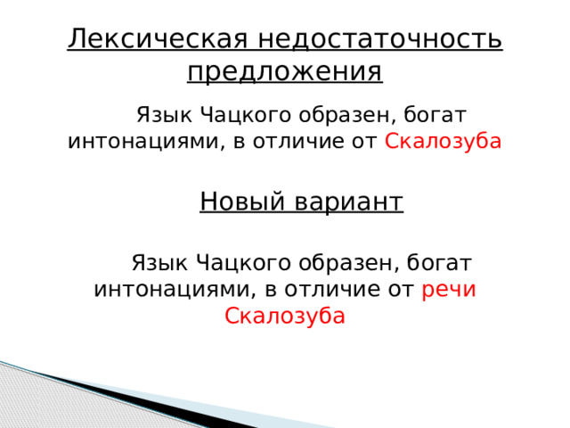 Лексическая недостаточность предложения Язык Чацкого образен, богат интонациями, в отличие от Скалозуба Новый вариант  Язык Чацкого образен, богат интонациями, в отличие от речи  Скалозуба 