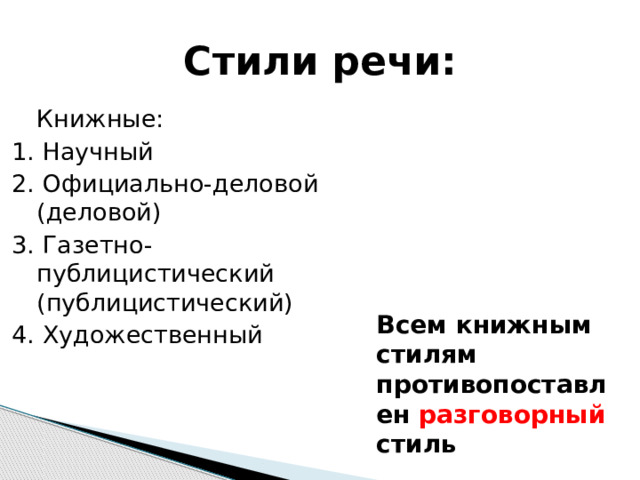 Стили речи: Книжные: 1. Научный 2. Официально-деловой (деловой) 3. Газетно-публицистический (публицистический) 4. Художественный Всем книжным стилям противопоставлен разговорный стиль 