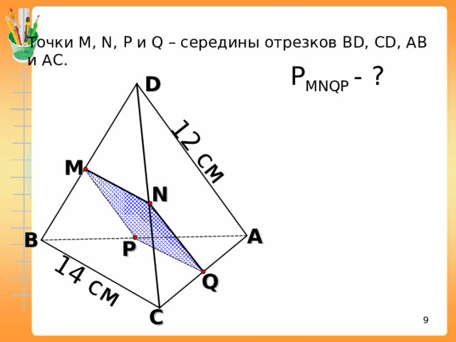 12 см 14 см  Точки М, N, P и Q – середины отрезков BD, CD, AB и АС. Р MNQP  - ? D M N Л.С. Атанасян. Геометрия 10-11. № 17. А В P Q С 8 8 