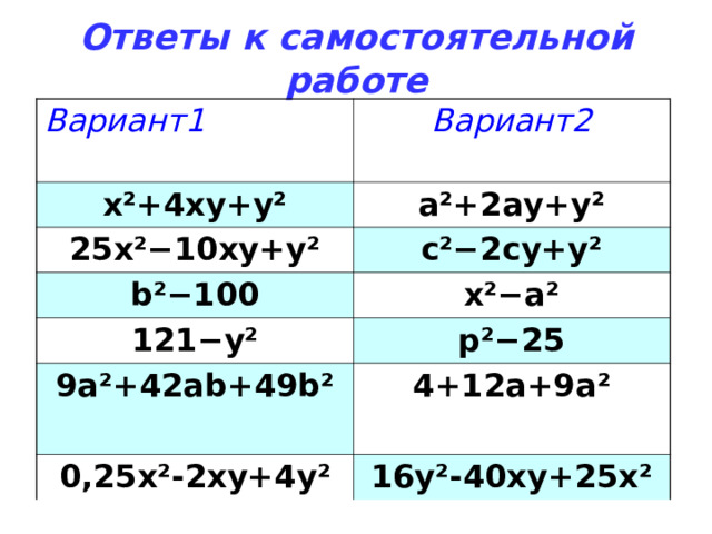 Ответы к самостоятельной работе Вариант1   Вариант2 х ²+4xy+y² а ²+2ay+y² 25х ²−10xy+y² с ²−2 су+у ² b²−100 х ²−a² 121 − y² р ²−25 9а ²+42ab+49b² 4+12а+9а ²  0,25х ² -2ху+4у ² 16у ² -40ху+25х ² 