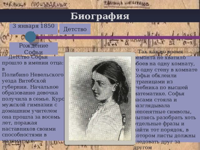 Биография Детство 3 января 1850 г. Рождение Софьи  Детство Софьи прошло в имении отца: в Полибино Невельского уезда Витебской губернии. Начальное образование девочка получила в семье. Курс мужской гимназии с домашним учителем она прошла за восемь лет, поражая наставников своими способностями в математике.  Так как во время ремонта не хватило обоев на одну комнату, то одну стену в комнате Софьи обклеили страницами из учебника по высшей математике. Софья часами стояла и разглядывала непонятные символы, пытаясь разобрать хоть отдельные фразы и найти тот порядок, в котором листы должны следовать друг за другом 1 