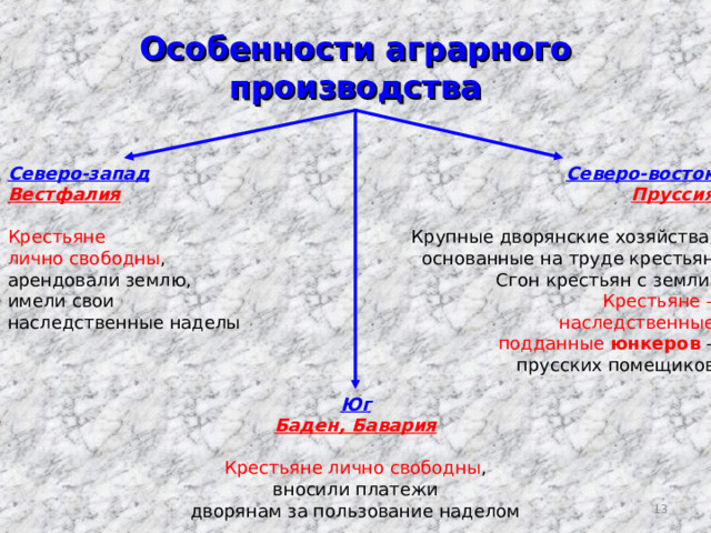 Особенности аграрного производства Северо - восток Северо - запад Пруссия Вестфалия   Крестьяне лично свободны , Крупные дворянские хозяйства, основанные на труде крестьян Сгон крестьян с земли. арендовали землю, имели свои наследственные наделы Крестьяне – наследственные подданные юнкеров  – прусских помещиков Юг Баден, Бавария  Крестьяне лично свободны , вносили платежи дворянам за пользование наделом  