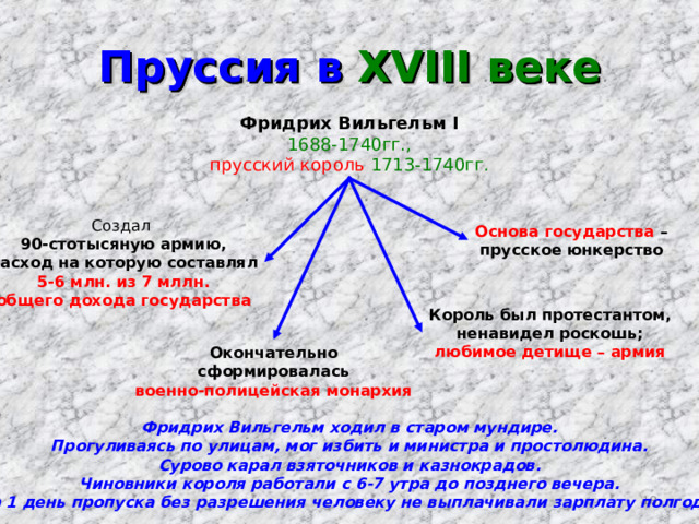 Пруссия в XVIII веке Фридрих Вильгельм I 1688-1740гг., прусский король  1713-1740гг. Создал 90-стотысяную армию, расход на которую составлял 5-6 млн. из 7 мллн. общего дохода государства Основа государства – прусское юнкерство Король был протестантом, ненавидел роскошь; любимое детище – армия Окончательно сформировалась военно-полицейская монархия Фридрих Вильгельм ходил в старом мундире. Прогуливаясь по улицам, мог избить и министра и простолюдина. Сурово карал взяточников и казнокрадов. Чиновники короля работали с 6-7 утра до позднего вечера. За 1 день пропуска без разрешения человеку не выплачивали зарплату полгода 16 