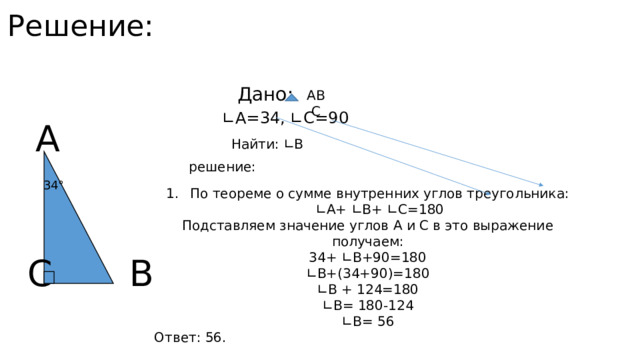 Решение: Дано: АВС ∟ А=34, ∟С=90 А Найти: ∟В решение: 34° По теореме о сумме внутренних углов треугольника: ∟А+ ∟В+ ∟С=180 Подставляем значение углов А и С в это выражение получаем: 34+ ∟В+90=180 ∟ В+(34+90)=180 ∟ В + 124=180 ∟ В= 180-124 ∟ В= 56 Ответ: 56. С В 