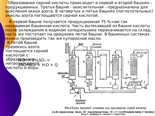  Образование серной кислоты происходит в первой и второй башнях - продукционных. Третья башня - окислительная - предназначена для окисления окиси азота. В четвертых и пятых башнях (поглотительных) окислы азота поглощаются серной кислотой.  В  первой башне получается продукционная 75 %-ная так называемая башенная кислота. Часть вытекающей из башни кислоты после охлаждения в водяном холодильнике перекачивается на склад, часть же поступает на орошение пятой башни. В башенных системах можно производить так же купоросное масло .  В пятой башне трехокись азота поглощается серной кислотой с образованием нитрозилсерной кислоты и воды. N 2 O 3  + 2H 2 SO 4 = 2NOHSO 4  + H 2 O + Q 