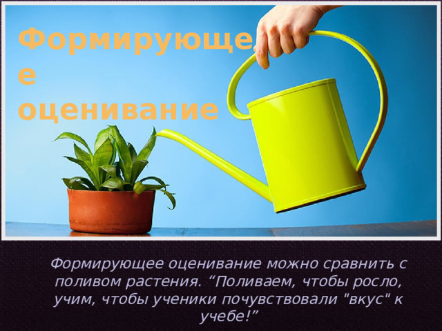  Формирующее оценивание Формирующее оценивание можно сравнить с поливом растения. “Поливаем, чтобы росло, учим, чтобы ученики почувствовали 