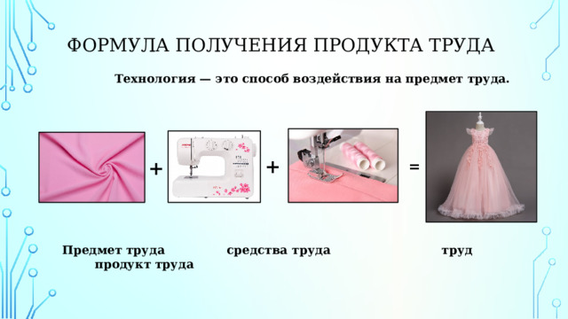    Формула получения продукта труда Технология — это способ воздействия на предмет труда. + + =  Предмет труда средства труда труд продукт труда 
