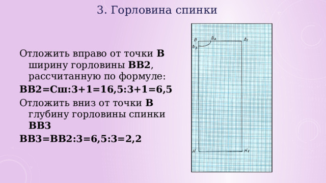 3. Горловина спинки Отложить вправо от точки В ширину горловины ВВ2 , рассчитанную по формуле: ВВ2=Сш:3+1=16,5:3+1=6,5 Отложить вниз от точки В глубину горловины спинки ВВ3 ВВ3=ВВ2:3=6,5:3=2,2 