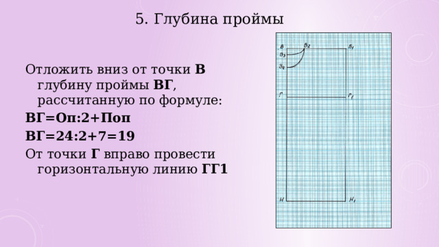 5. Глубина проймы Отложить вниз от точки В глубину проймы ВГ , рассчитанную по формуле: ВГ=Оп:2+Поп ВГ=24:2+7=19 От точки Г вправо провести горизонтальную линию ГГ1 