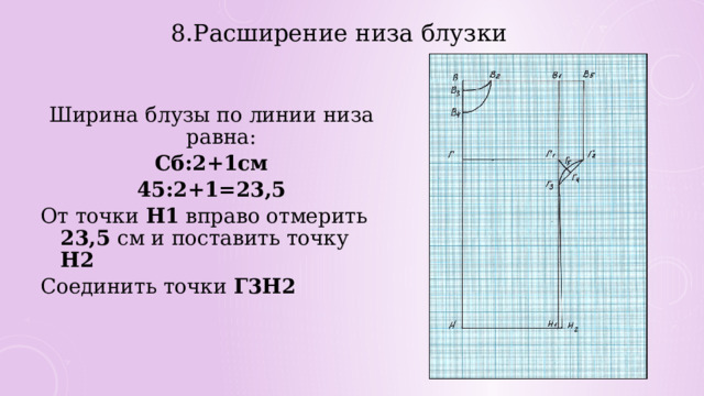 8.Расширение низа блузки Ширина блузы по линии низа равна: Сб:2+1см 45:2+1=23,5 От точки Н1 вправо отмерить 23,5 см и поставить точку Н2 Соединить точки Г3Н2 