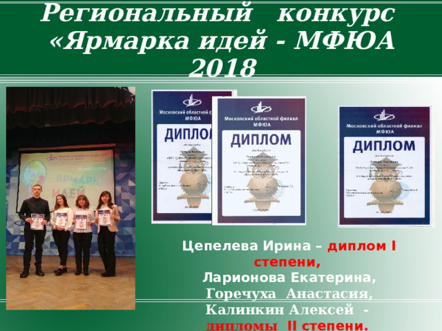 Региональный   конкурс  «Ярмарка идей - МФЮА 2018  Цепелева Ирина – диплом I степени,  Ларионова Екатерина,  Горечуха Анастасия,  Калинкин Алексей - дипломы II степени. 