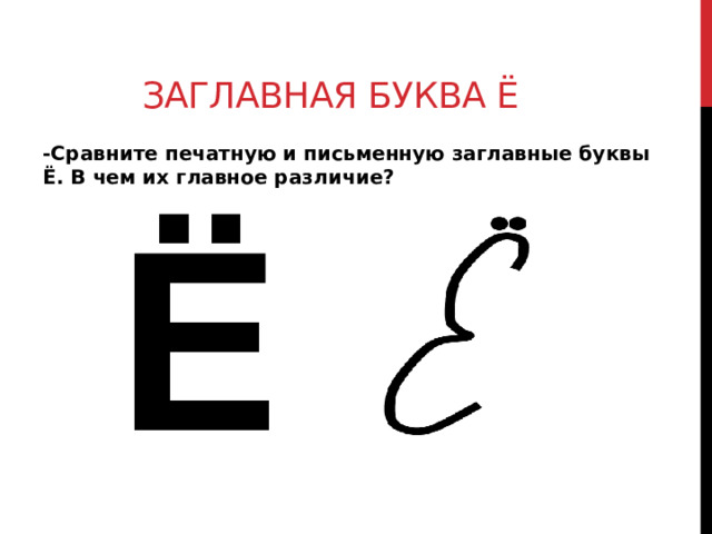Заглавная буква Ё -Сравните печатную и письменную заглавные буквы Ё. В чем их главное различие?  
