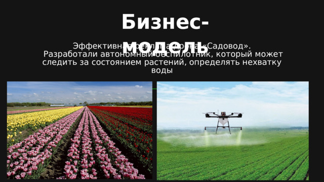 Бизнес-модель Эффективная реклама дрона «Садовод» .  Разработали автономный беспилотник, который может следить за состоянием растений, определять нехватку воды  