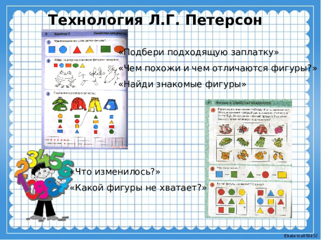 Технология Л.Г. Петерсон «Подбери подходящую заплатку» «Чем похожи и чем отличаются фигуры?» «Найди знакомые фигуры» «Что изменилось?» «Какой фигуры не хватает?» 