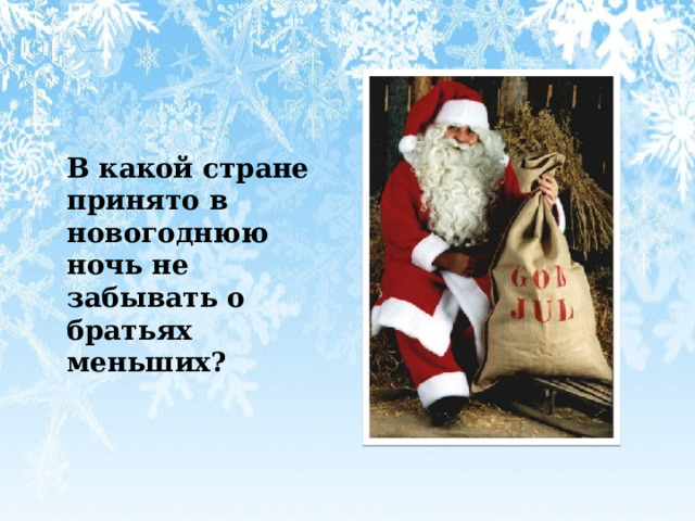  В какой стране принято в новогоднюю ночь не забывать о братьях меньших? 