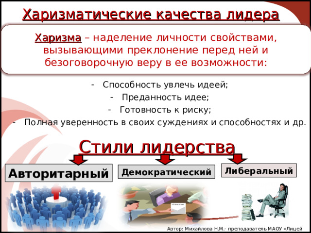 Харизматические качества лидера Харизма – наделение личности свойствами, вызывающими преклонение перед ней и безоговорочную веру в ее возможности: Способность увлечь идеей; Преданность идее; Готовность к риску; Полная уверенность в своих суждениях и способностях и др. Стили лидерства Либеральный Авторитарный Демократический Автор: Михайлова Н.М.- преподаватель МАОУ «Лицей № 21» 