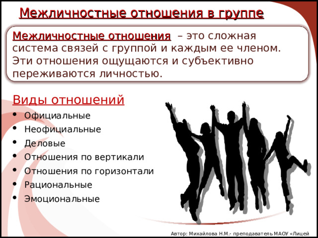 Межличностные отношения в группе         Межличностные отношения – это сложная система связей с группой и каждым ее членом. Эти отношения ощущаются и субъективно переживаются личностью. Виды отношений : Официальные Неофициальные Деловые Отношения по вертикали Отношения по горизонтали Рациональные Эмоциональные Автор: Михайлова Н.М.- преподаватель МАОУ «Лицей № 21» 