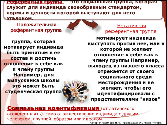 Референтная группа — это социальная группа, которая служит для индивида своеобразным стандартом, нормы и ценности которой выступают для него эталоном. Положительная референтная группа Негативная референтная группа мотивирует индивида выступать против нее, или в которой не желает отношение к себе как к члену группы Например, выходец из низшего класса отрекается от своего социального среди месторождения и не желает, чтобы его идентифицировали с представителями 