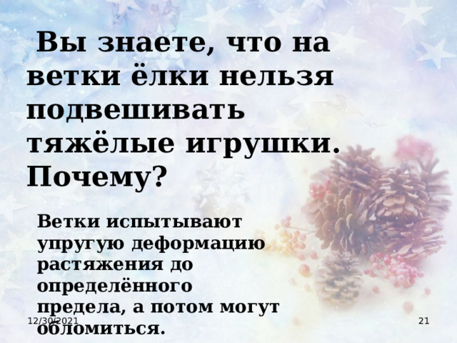  Вы знаете, что на ветки ёлки нельзя подвешивать тяжёлые игрушки. Почему? Ветки испытывают упругую деформацию растяжения до определённого предела, а потом могут обломиться. 12/30/2021  
