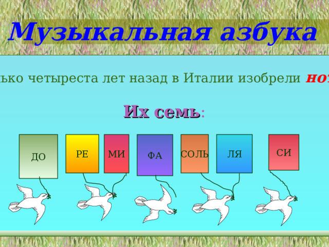Музыкальная азбука Только четыреста лет назад в Италии изобрели  ноты Их семь : ДО РЕ МИ ФА СОЛЬ ЛЯ СИ 