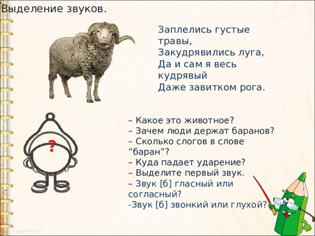 Выделение звуков. Заплелись густые травы,  Закудрявились луга,  Да и сам я весь кудрявый  Даже завитком рога.  – Какое это животное? – Зачем люди держат баранов? – Сколько слогов в слове “баран”? – Куда падает ударение? – Выделите первый звук. – Звук [б] гласный или согласный? -Звук [б] звонкий или глухой? ? 