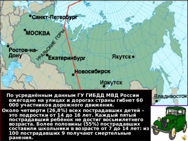  По усреднённым данным ГУ ГИБДД МВД России ежегодно на улицах и дорогах страны гибнет 60 000 участников дорожного движения. Около четверти (26,8%) всех пострадавших детей – это подростки от 14 до 16 лет. Каждый пятый пострадавший ребёнок не достиг восьмилетнего возраста. Более половины (55%) пострадавших составили школьники в возрасте от 7 до 14 лет: из 100 пострадавших 9 получают смертельные ранения. 