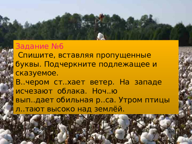 Задание №6  Спишите, вставляя пропущенные буквы. Подчеркните подлежащее и сказуемое. В..чером ст..хает ветер. На западе исчезают облака. Ноч..ю вып..дает обильная р..са. Утром птицы л..тают высоко над землёй. 