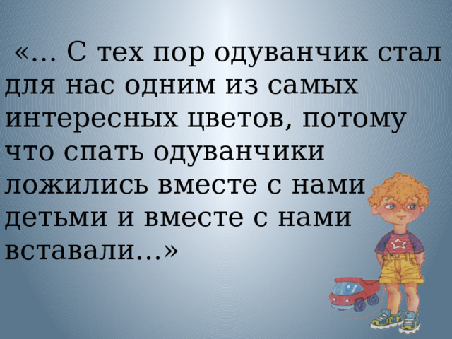  «… С тех пор одуванчик стал для нас одним из самых интересных цветов, потому что спать одуванчики ложились вместе с нами детьми и вместе с нами вставали…» 