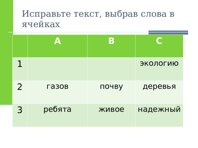Исправьте текст, выбрав слова в ячейках A 1 B 2 C газов 3 экологию ребята почву деревья живое надежный 
