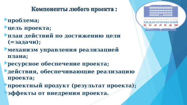 проблема; цель проекта; план действий по достижению цели (=задачи); механизм управления реализацией плана; ресурсное обеспечение проекта; действия, обеспечивающие реализацию проекта; проектный продукт (результат проекта); эффекты от внедрения проекта.  