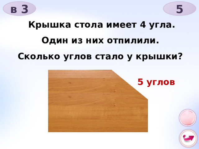 в 3 5 Крышка стола имеет 4 угла. Один из них отпилили. Сколько углов стало у крышки? 5 углов 