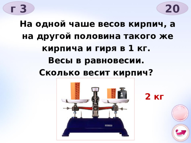г 3 20 На одной чаше весов кирпич, а на другой половина такого же кирпича и гиря в 1 кг. Весы в равновесии. Сколько весит кирпич? 2 кг 